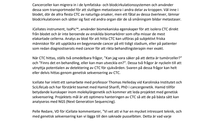 iCellate Medical har inlett ett genetiskt sekvenseringsprojekt för att ytterligare förstå orsakerna till cancers spridning