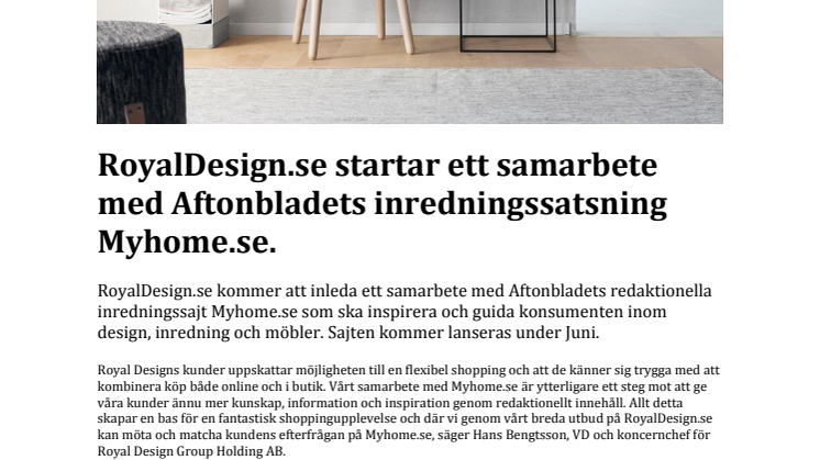 RoyalDesign.se startar ett samarbete med Aftonbladets inredningssatsning Myhome.se