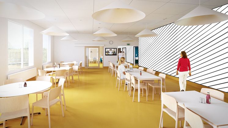 Syntolkning: Arkitektskiss över fiktiv matsal med stolar, bord, takarmatur och inklippta personer.