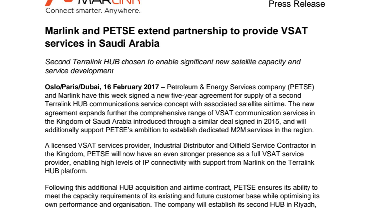 Marlink: Marlink and PETSE extend partnership to provide VSAT services in Saudi Arabia