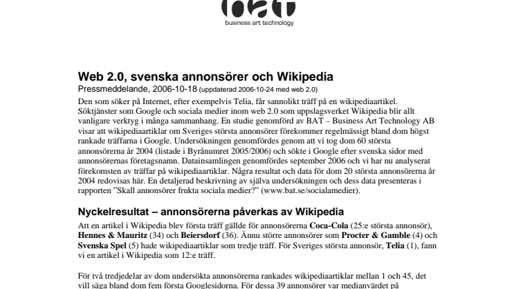 Web 2.0, svenska annonsörer och Wikipedia