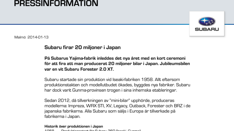 Subaru firar 20 miljoner i Japan