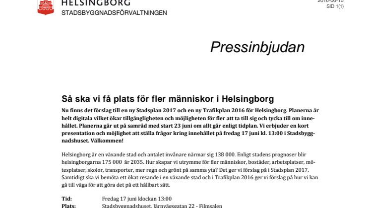 Pressinbjudan: ​Så ska vi få plats för fler människor i Helsingborg
