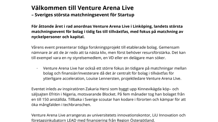 Välkommen till Venture Arena Live  – Sveriges största matchningsevent för Startups