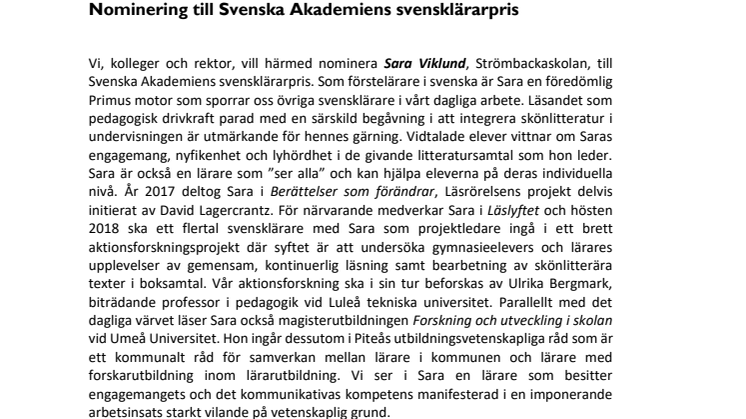 Sara tilldelas Svenska Akademiens svensklärarpris