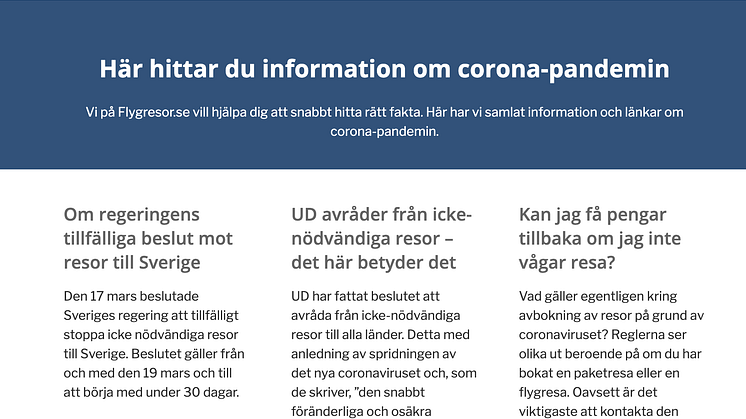 Flygresor.se lanserar en information sida om den pågående corona-pandemin. https://www.flygresor.se/corona-covid-19/