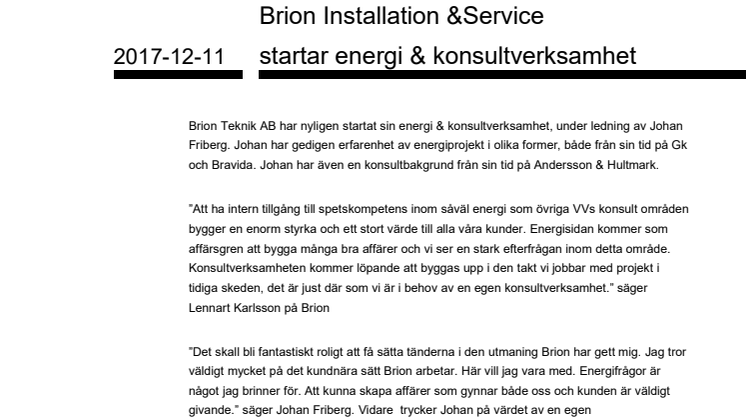 Brion Installation & Service startar energi och konsultverksamhet