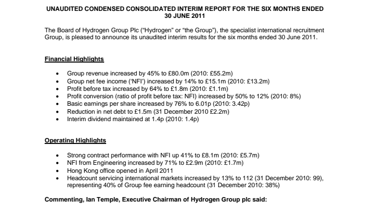 Unaudited Condensed Consolidated Interim Report for the six months ended 30 June 2011
