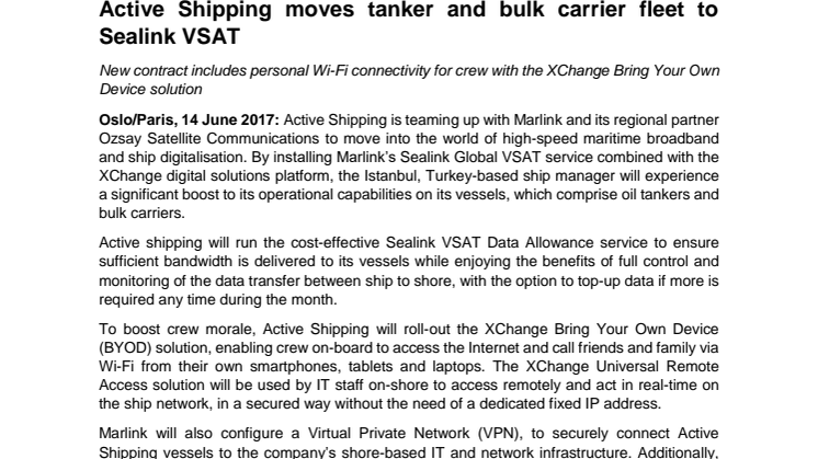 Marlink: Active Shipping moves tanker and bulk carrier fleet to Sealink VSAT