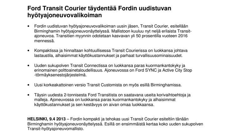 Ford Transit Courier täydentää Fordin uudistuvan hyötyajoneuvovalikoiman