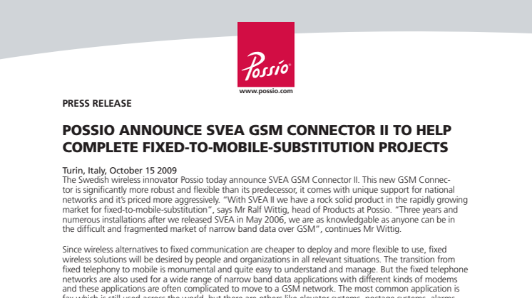 POSSIO ANNOUNCE SVEA GSM CONNECTOR II TO HELP COMPLETE FIXED-TO-MOBILE-SUBSTITUTION PROJECTS