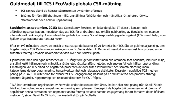 Guldmedalj till TCS i EcoVadis globala CSR-mätning