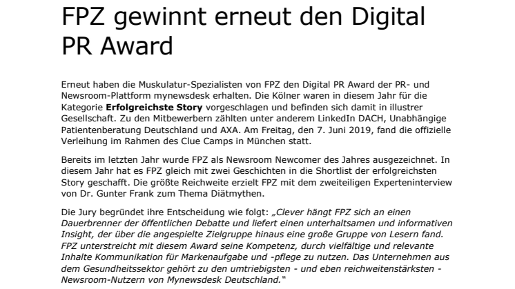 FPZ gewinnt erneut den Digital PR Award