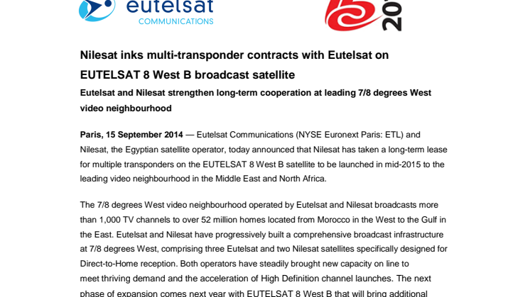 Nilesat inks multi-transponder contracts with Eutelsat on EUTELSAT 8 West B broadcast satellite