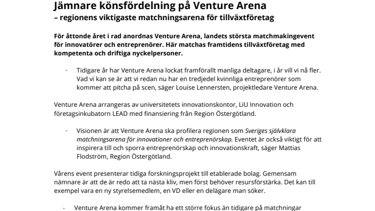 Jämnare könsfördelning på Venture Arena - ​Östgötaregionens viktigaste matchningsarena för tillväxtföretag