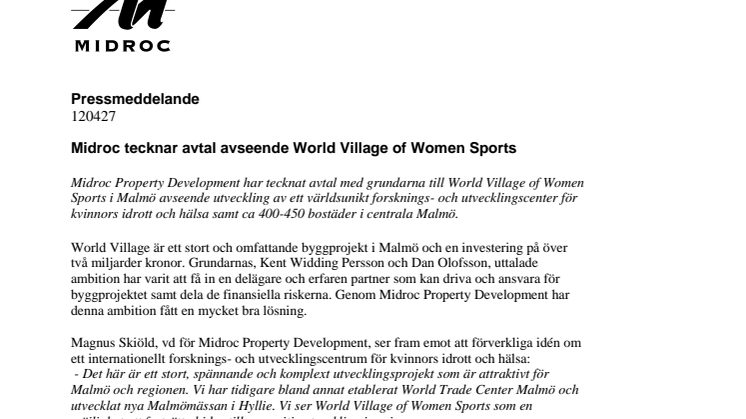 Midroc tecknar avtal avseende World Village of Women Sports