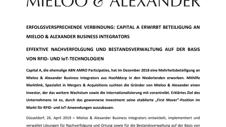 ERFOLGSVERSPRECHENDE VERBINDUNG: CAPITAL A ERWIRBT BETEILIGUNG AN MIELOO & ALEXANDER BUSINESS INTEGRATORS