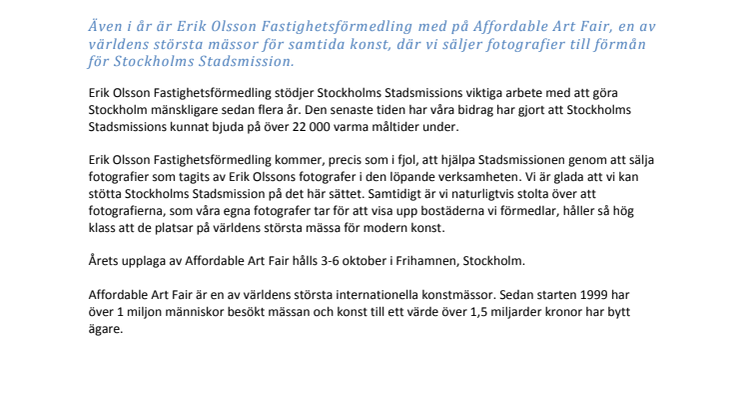 Erik Olsson Fastighetsförmedling stödjer Stockholms Stadsmission på Affordable Art Fair