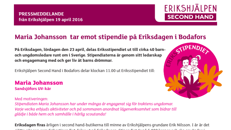 Maria Johansson får stipendium på Eriksdagen i Bodafors