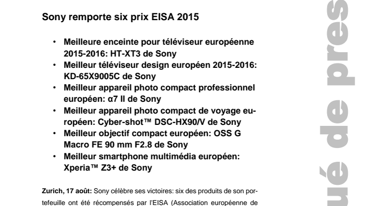 Sony remporte six prix EISA 2015