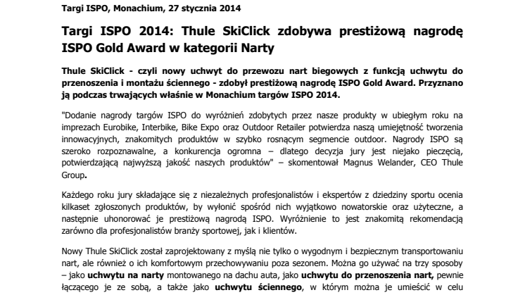 Targi ISPO 2014: Thule SkiClick zdobywa prestiżową nagrodę ISPO Gold Award w kategorii Narty