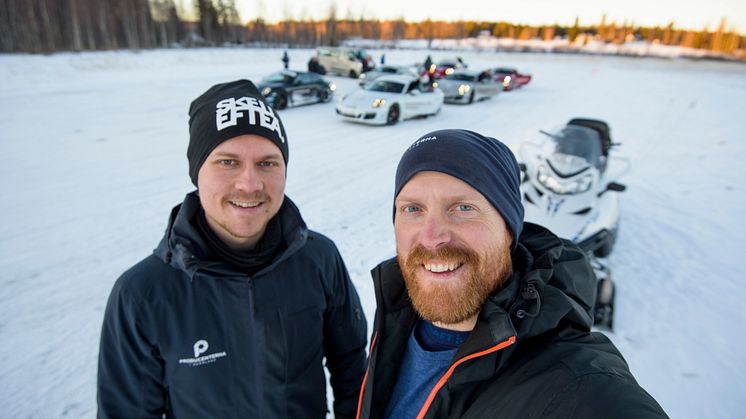 Swedrivings ägare Ludwig Eriksson och Johannes Holmlund vill skapa Nordens första elektrifierade köranläggning på is.  Foto: Producenterna i Norrland.