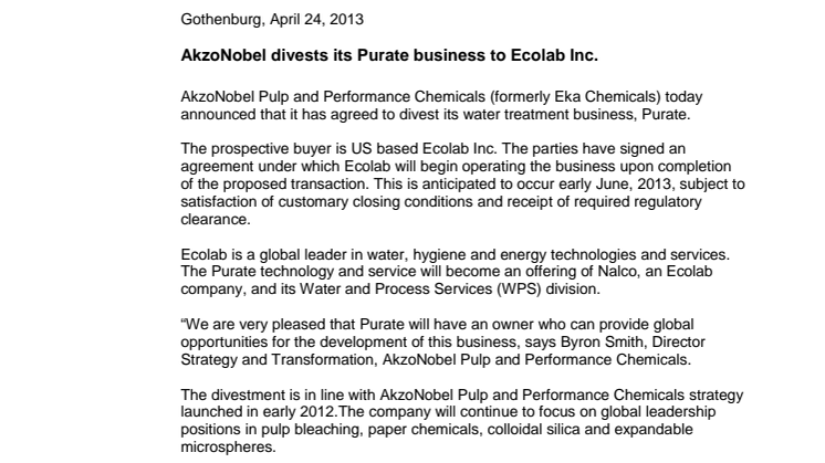 AkzoNobel divests its Purate business to Ecolab Inc.