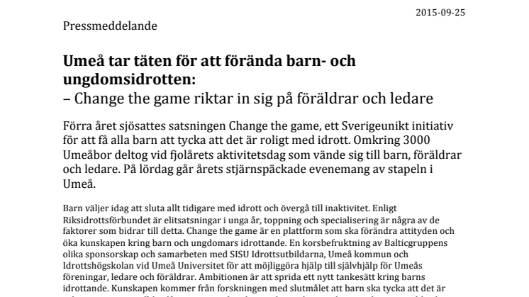 Umeå tar täten för att förända barn- och ungdomsidrotten: Change the game riktar in sig på föräldrar och ledare