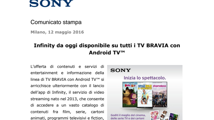 Infinity da oggi disponibile su tutti i TV BRAVIA con Android TV™