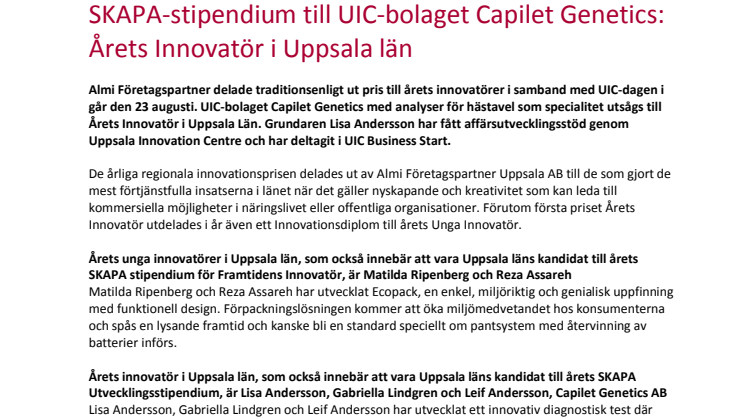 SKAPA-stipendium till UIC-bolaget Capilet Genetics: Årets Innovatör i Uppsala län