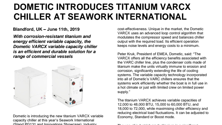 Seawork International - Dometic Introduces Titanium VARCX Chiller at Seawork International