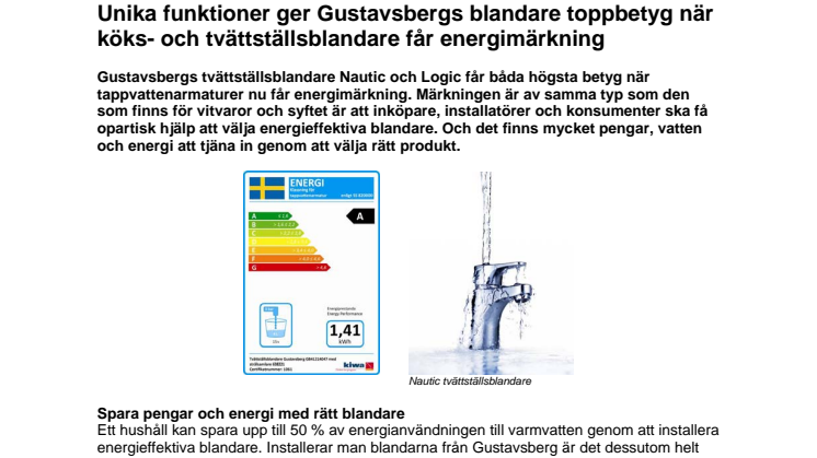 Unika funktioner ger Gustavsbergs blandare toppbetyg när köks- och tvättställsblandare får energimärkning