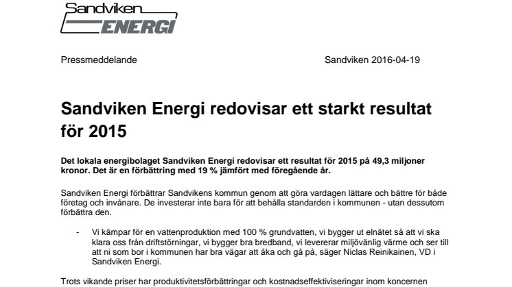 Sandviken Energi redovisar ett starkt resultat för 2015