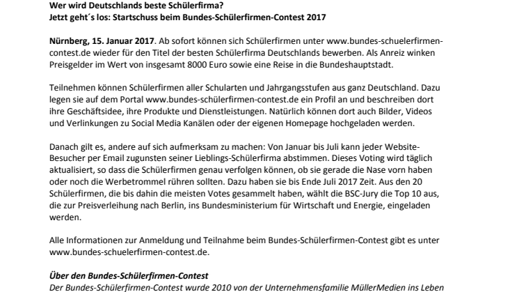 Wer wird Deutschlands beste Schülerfirma? Jetzt geht´s los: Startschuss beim Bundes-Schülerfirmen-Contest 2017