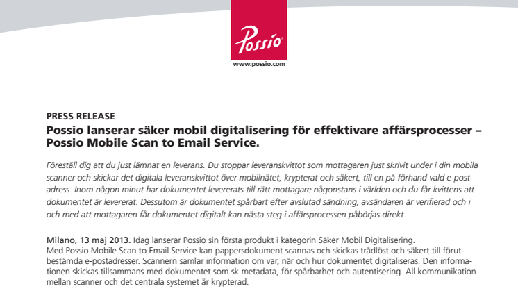 Possio lanserar säker mobil digitalisering för effektivare affärsprocesser – Possio Mobile Scan to Email Service. 