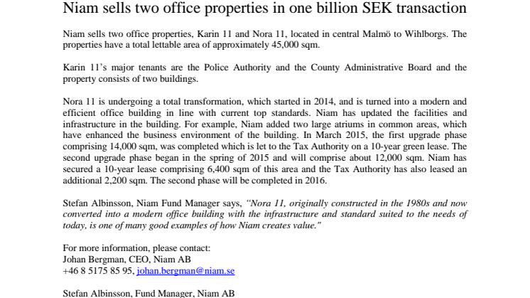 Niam sells two office properties in one billion SEK transaction