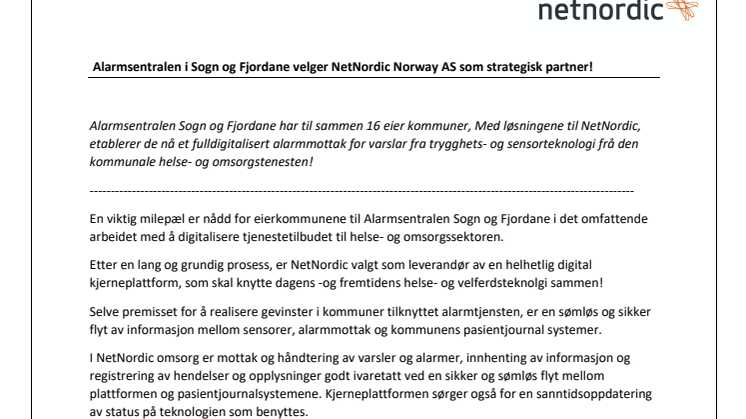 Alarmsentralen i Sogn og Fjordane velger NetNordic Norway AS som strategisk partner!