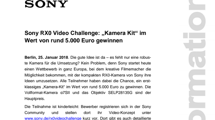 Sony RX0 Video Challenge: „Kamera Kit“ im Wert von rund 5.000 Euro gewinnen