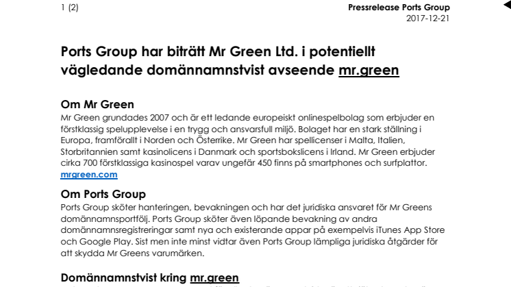 Ports Group har biträtt Mr Green Ltd. i en potentiellt vägledande domännamnstvist avseende mr.green