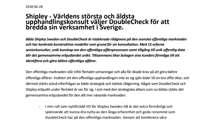 Shipley - Världens största och äldsta upphandlingskonsult väljer DoubleCheck för att bredda sin verksamhet i Sverige