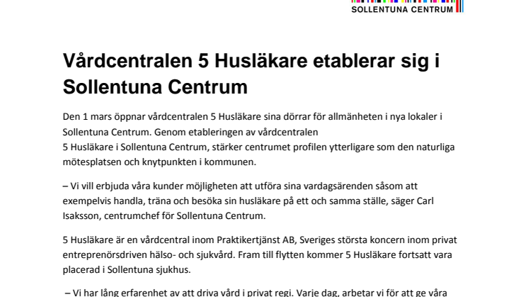 Vårdcentralen 5 Husläkare etablerar sig i Sollentuna Centrum