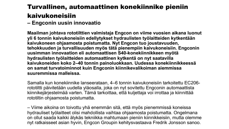 Turvallinen, automaattinen konekiinnike pieniin kaivukoneisiin – Engconin uusin innovaatio