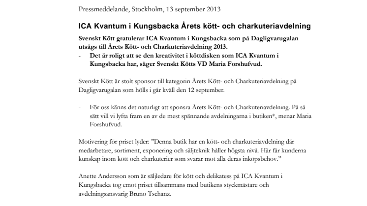 ICA Kvantum i Kungsbacka Årets kött- och charkuteriavdelning 