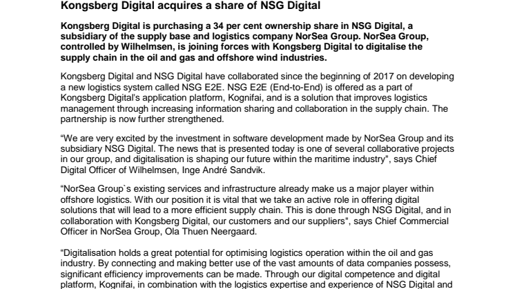 Kongsberg Digital acquires a share of NSG Digital