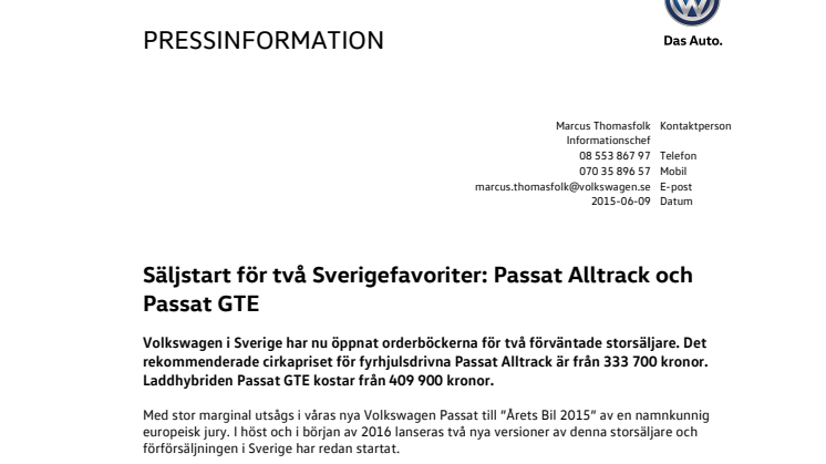 Säljstart för två Sverigefavoriter: Passat Alltrack och Passat GTE