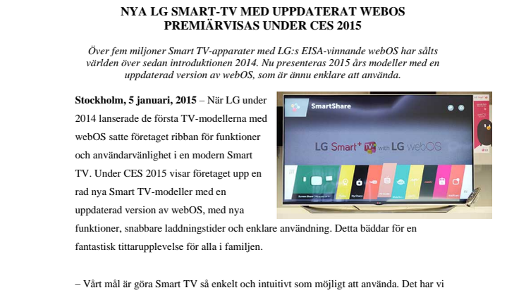 NYA LG SMART-TV MED UPPDATERAT WEBOS PREMIÄRVISAS UNDER CES 2015