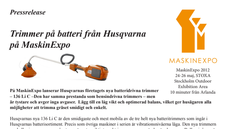 Trimmer på batteri från Husqvarna på MaskinExpo 