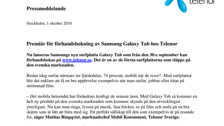 Premiär för förhandsbokning av Samsung Galaxy Tab hos Telenor