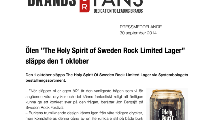 Ölen ”The Holy Spirit of Sweden Rock Limited Lager” släpps den 1 oktober