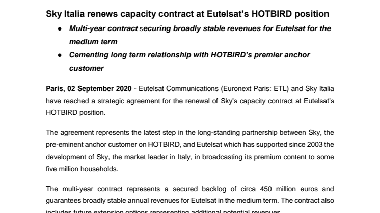 Sky Italia renews capacity contract at Eutelsat’s HOTBIRD position